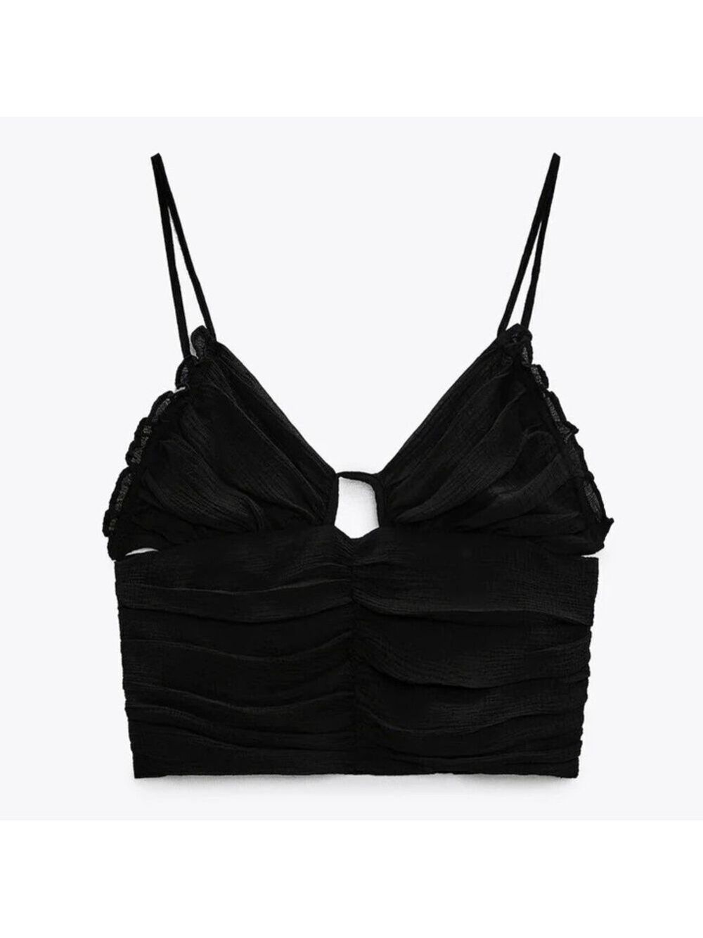 Zara Draped V-Neck Black Ruched Strappy Tie Back Cropped Top